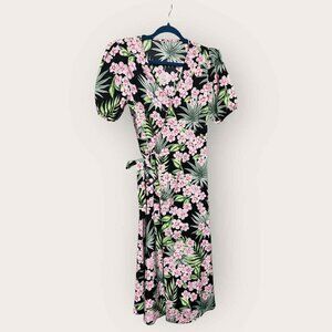 Black Pink Floral Maxi Wrap Dress | Feminine Flowy Summer Dress M